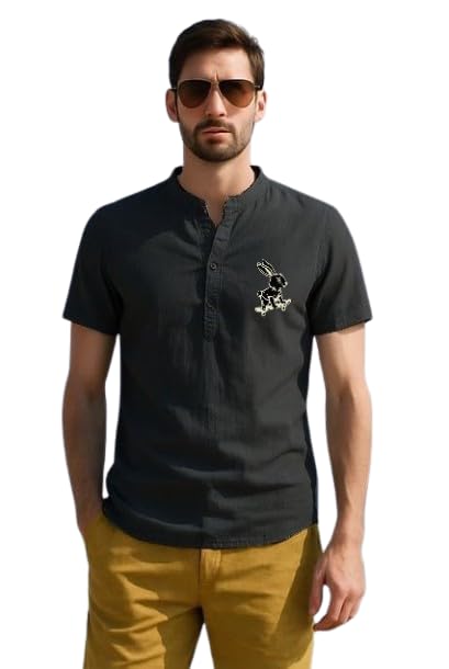 Men's Regular Fit Half Sleeve Summer Wear RABIT Print Kurta for Men Availabel Size M=38,L=40,XL=42 (in, Alpha, M, Black)-image-31