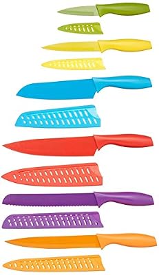 Amazon Basics Color-Coded Dishwasher Safe Kitchen Knife Set, 12-Piece with Ergonomic Handles, Non-stick Sharp Blades, 6 Knives with 6 Blade Guards, Multicolor, 13.88 x 4.13 x 1.38 inch