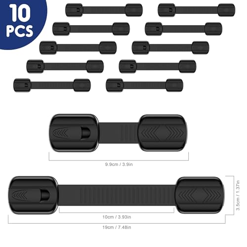 Septeamay 10 Stück Kindersicherung für Schrank und Schubladen, Schubladensicherung für Baby und Kinder für Tür Schränke Kühlschrank, Schrankschloss mit Stark Kleber ohne Bohren - Schwarz