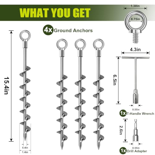 Image of Eurmax USA 4-Pack Screw in Ground Anchors,Detachable Spiral Tent Stakes,Heavy Duty Rust Proof Metal Trampoline Anchors with Drill Bit Adapter&T-Handle Tool for Canopy,Tent,Trampoline,Swing Set(Silver)