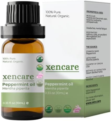 xencare Peppermint USDA Organic Food Grade Essential Oil | 100% Pure Natural Undiluted | Edible & Safe to Ingest & for Skin | Premium Aromatherapy for Diffusers Baths & Topical Use (0.33 fl oz, 10ml)