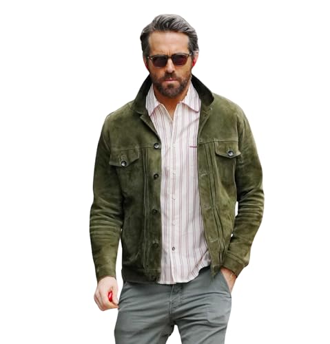 Ryan Reynolds Trendy Handmade Green Stylish Suede Leather Trucker Jacket for Men Premium and Durable Quality