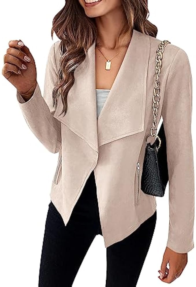 PRETTYGARDEN Women's Faux Suede Jackets 2023 Fall Clothes Long Sleeve Open Front Cropped Coat Outwear