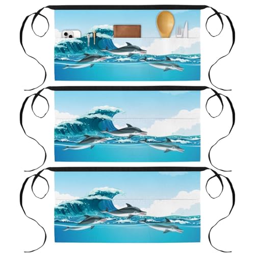 Tabliers courts de chef à motif dauphin pour service en bistrot et cuisine (Lot de 3)