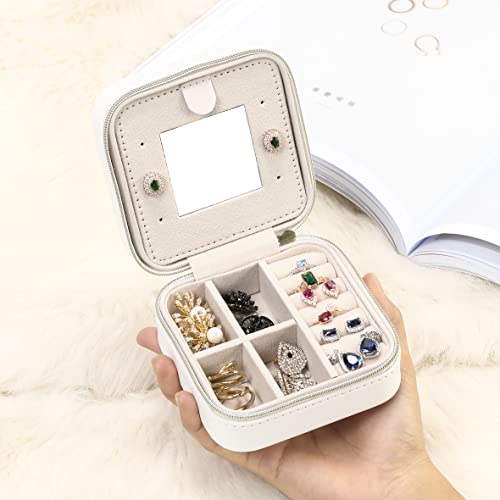 Image of Jewelry Case with Mirror, Small Travel Jewelry Organizer, Portable Mini Storage Box for Rings, Earrings, Necklaces, Gift for Mother Mom, Girl, Daughter, Sisters, Bridesmaids, Mother's Day Gift (White)
