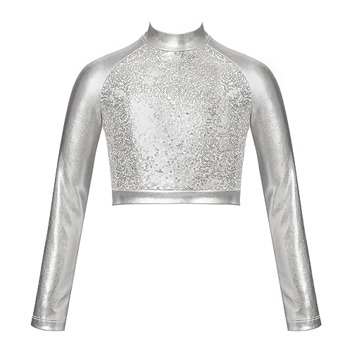 JanJean Girls Metallic Long Sleeve Dance Crop Tops Kids Mock Neck Athletic Tops Hip Hop Jazz Gymnastics Ballet Dancewear Silver 8 Years
