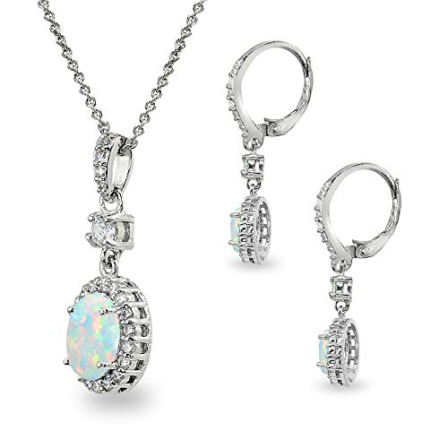 B. Brilliant Sterling Silver Synthetic White Opal & Cz Oval-Cut Halo Pendant Necklace & Dangle Earrings Set For Women Teens #TOP12