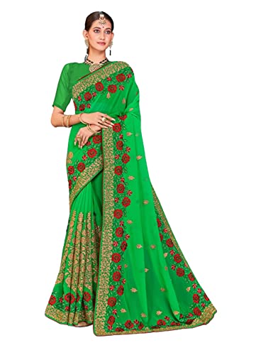 Sari traditionnel en georgette vert 8671 pour femme semi-cousu chic