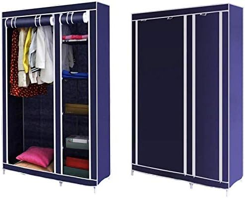 Cloth Wardrobe Closet, Foldable Closet Portable Fabric Cabinet Storage Organizer Freestanding Simple Wardrobe Standing Closet Clothes Closet with Hanging Rack,Pink (Dark Blue)
