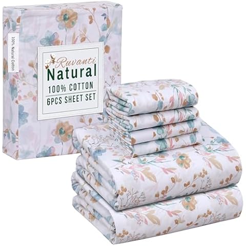 RUVANTI 6 Pcs Cotton Sheets - 100% Natural Cotton Soft, Lightweight & Breathable Crispy Percale Bed Sheets, Queen Sheet Set 16" Deep Pockets, Radiant Cover