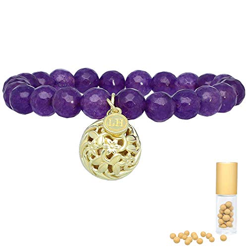 Floral charm stretch bracelet (purple agate, yellow-gold-and-ster…