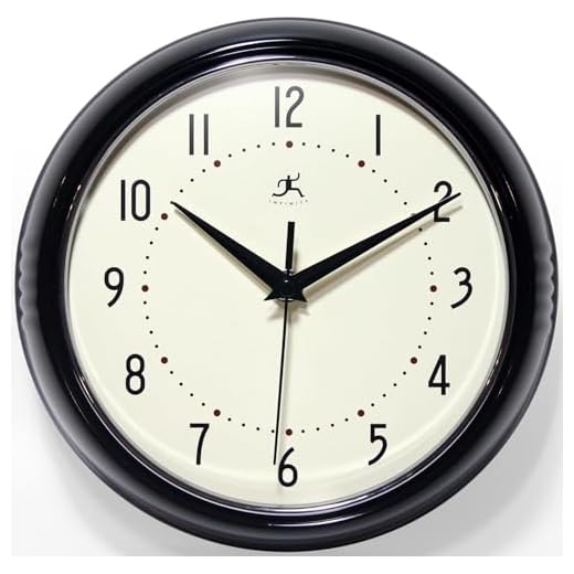 Infinity Instruments LTD. Retro 9 inch Silent Sweep Non-Ticking Mid Century Modern Kitchen Diner Wall Clock Quartz Movement Retro Wall Clock Decorative (Black)