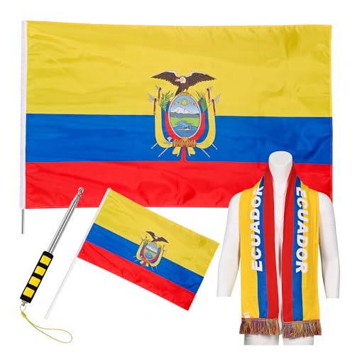 JAY CROFT Ecuador Knitted Country Flag Scarf with Body Flag Hand Flag and Telescopic Flagpole Football Soccer Supporter Gear for Men Women