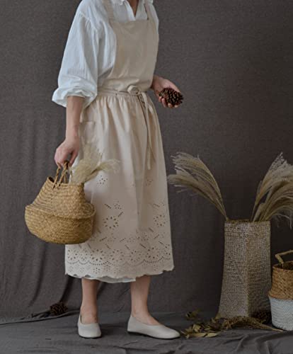 Talibsa Pinafore Apron Dress，Japanese Cotton Linen Cross Back Apron For Women With Pockets，Pinafore Dress With Waist Ties (Beige) #TOP1