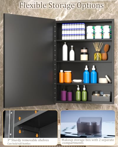 Image of 20 inchx30 inch Black Bathroom Medicine Cabinet with Mirror, Art Deco Mother of Pearl Vanity Mirror with Storage, Reversible Wall Mount or Recessed, Left or Right Open, 3 Shelves 1 organizer Large Space