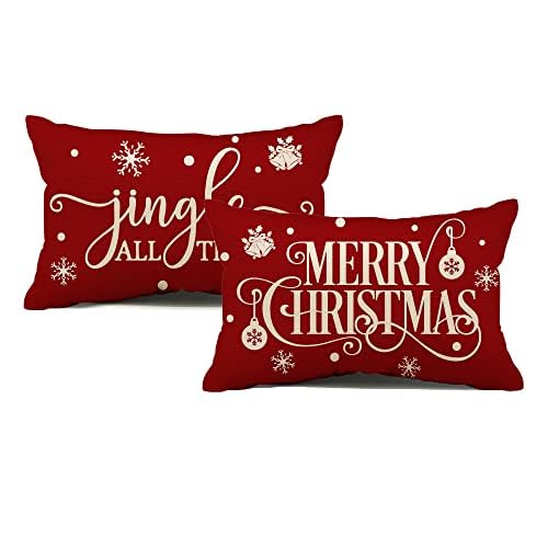 Allorry Merry Christmas Pillow Covers Set of 2 Cotton Linen Farmhouse Christmas Decorations Throw Pillow Cases Covers for Couch Bed Sofa 12x20 Inches