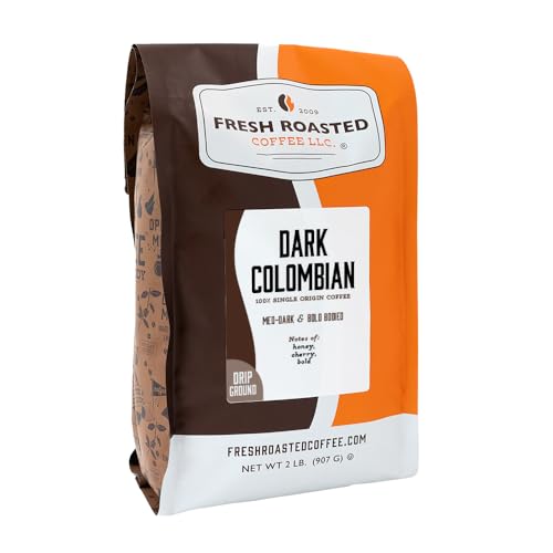 Fresh Roasted Coffee, 100% Dark Colombian Drip Ground Coffee, Med-Dark Roast, Kosher, 2 lb (32 oz)
