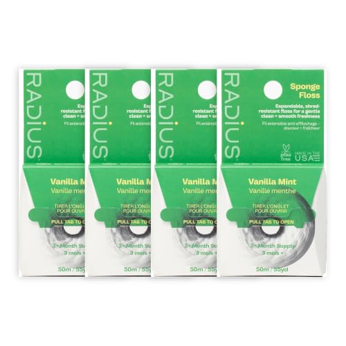 RADIUS Vegan Sponge Floss, Soft Expanding Dental Floss for Sensitive Gums and Tight Teeth, PFAS Free, Vegan, Plastic Free Packaging, 50m / 55 yd, Vanilla Mint, Pack of 4