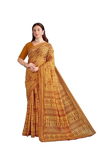 Image of TAMAIRA FASHION Off White Mulmul Pure Cotton Saree For Woman Warli Printed|Office Wear Daily Wear Sarees For Women Without Blouse Piece (Available in 21 Colours)