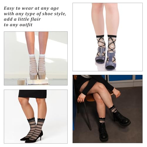 Image of Ouligay 6 Pairs Sheer Ankle Socks Women, Transparent Fishnet Socks, Sheer Ruffle Socks, Cute Frilly Mesh Socks Women, Breathable Spring Summer Short Socks (Hearts, Stripes, Plaid) Black & White