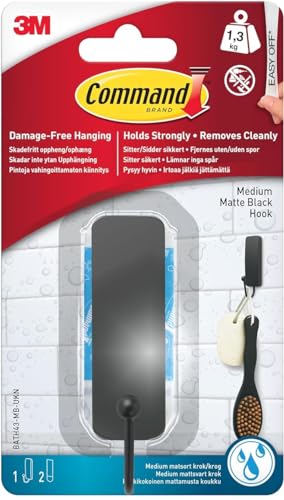 Command Bath Medium Hook, Matte Black - 1 Hook and 2 Water-Resistant Strips - Adhesive Strips for Damage Free Hanging