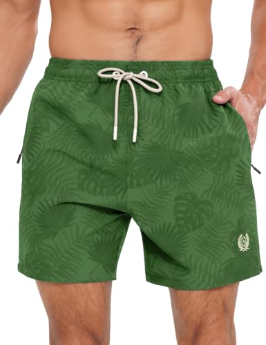 Image of APTRO Mens Swim Shorts Quick-Dry Mesh Lining Summer Beach Zipper Pockets Dark Palm Green L