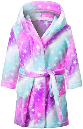 SHUCHENG Little Girls Kids Soft Hooded Robe Galaxy Stars Pattern Sleepwear Fleece Flannel Bathrobes, Fushia, US 7-8 Years, CN 140, Galaxy Stars-pink
