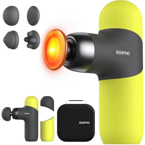 RENPHO Mini Thermal Massage Gun with Heat, Portable Fashion Deep Tissue Percussion Massager, 4 Intensities, 4 Heads, Travel Size with Carry Case, for Athletes, Green