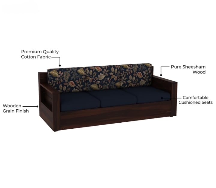 Image of Kunjal Furniture Solid sheesham Wood Wooden 3 Seater Sofa for Living Room - Sofa with Cousins seat - Sitting Pretty 3-Seater Couch (Walnut, Modern+Blue)