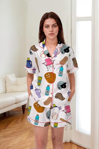 Image of SHESHOW Pajamas for Women Set Satin Button Down Short Sleeve Top and Shorts Pjs Sets Sport Ball Print Sleepwear XS-XXL