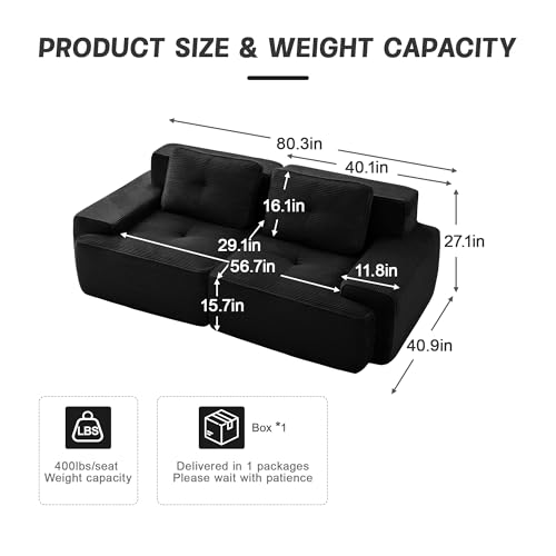 Image of 82 inch Modern Modular Boneless Couch for Living Room, 2 Seat, Soft Corduroy Fabric, Deep Seat Cloud sectional Sofa with Pearl Like Piping and Tufted Design, No Assembly, Anti Slip, Black