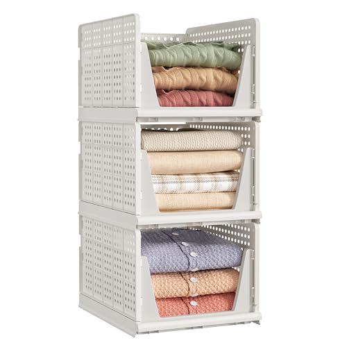 Songmics Stackable Wardrobe Storage, Foldable Closet Organiser, Set Of 3 Pull-Out Baskets, Closet Storage And Organisation, Bedroom, Office, Bathroom, White LPC310WZ01