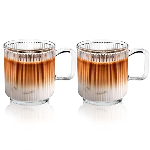 D.M Design•Master [2 Pack, 350ML] - Premium Glass Coffee Mugs with Vertical Stripes, Transparent Tea Glasses for Hot/Cold Beverages, Perfect Design for Americano,Latte or Tea and Beverage.