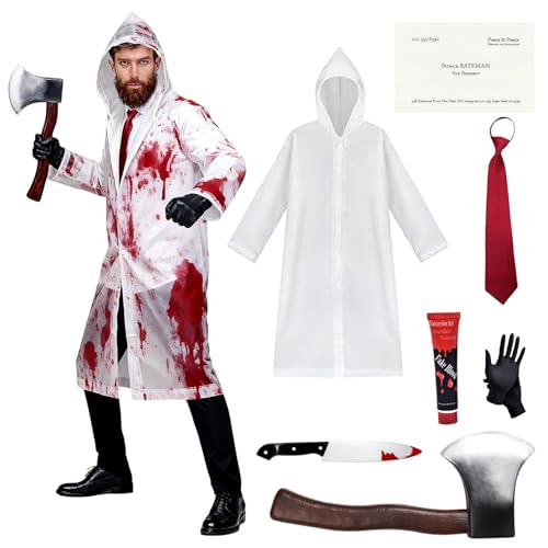 Aleshime Adults Psycho Costume - Transparent Raincoat, Red Tie, Fake Knife, Fake Axe, Business Card and Black Gloves - Mens Psycho American TV Film Character Halloween Fancy Dress Costume