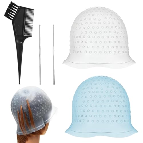 keyxer - Gorro de 2 piezas, gorra para colorear con 2 agujas de ganchillo de metal y pincel para teñir el cabello, gorro de mechas de silicona reutilizable para el cabello