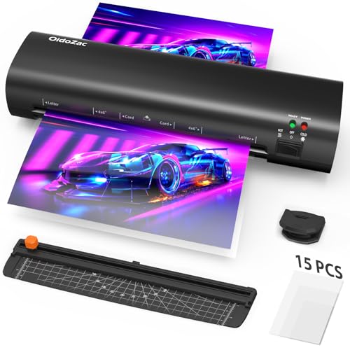 OidoZac A4 Laminiergerät, 4 in 1 Heiß- und Kaltlaminierung, Laminiergerät mit 15 Laminierfolien, Eckenrunder, Papierschneider, ABS-Funktion Anti-Stau, 80-125 Mic, für Büro, Schule, Zuhause-Schwarz