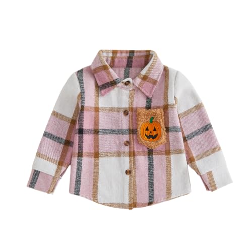Amiblvowa Toddler Baby Girl Boy Halloween Outfit Flannel Plaid Shirt Jacket (Pumpkin Pink, 2-3 Years)