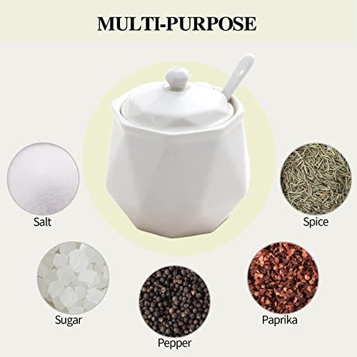 Tamaykim Porcelain Sugar Bowls With Spoon And Lid, 12 Ounces Ceramic Salt Container, White Condiment Pots Seasoning Boxes, For Home And Kitchen Storage, Set Of 3 #TOP4