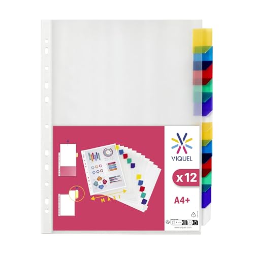 Viquel - Intercalaires Classeur A4 12 onglets en plastique - Intercalaires pochette perforée personnalisables - Onglets de couleurs personnalisables - Format...