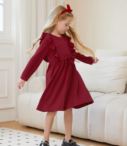 Girls Long Sleeve Ruffle Dresses Solid Ribbed Knit Fall Winter Dress for Toddler Casual Bowknot Dresses 2-6 Years3
