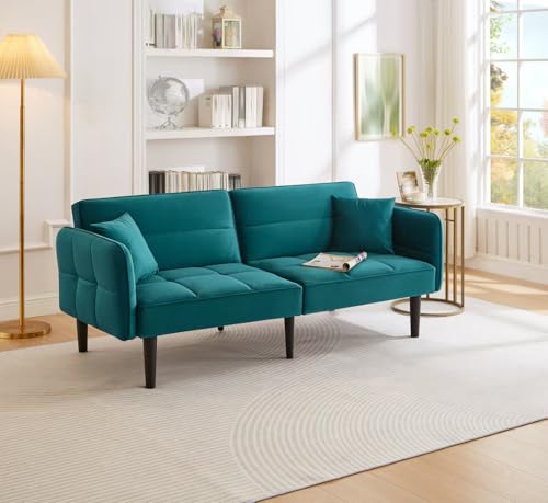 ECLIVON Sofá Cama Plegable con Respaldo Ajustable, Sofás con Reposabrazos y Cojines, Sofás con Almohada para Apartamento, Sofá Convertible Matrimonio para Dormitorio, Terciopelo (Azul Verdoso)