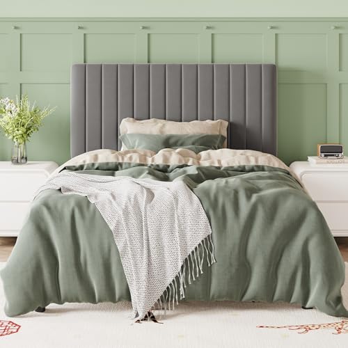Image of Allewie Twin Bed Frame, Velvet Upholstered Platform Bed with Adjustable Vertical Channel Tufted Headboard, Mattress Foundation with Strong Wooden Slats, Box Spring Optional, Easy Assembly, Grey