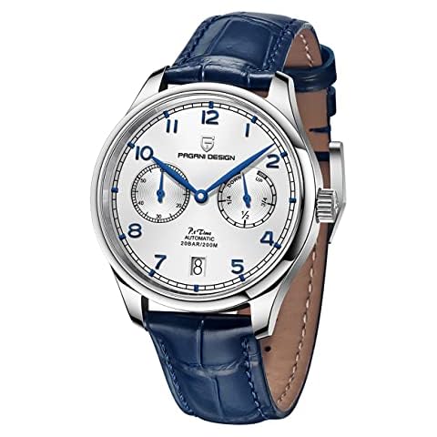 Pagani Design Men's Watch Automatic Mechanical Watch Leather Stainless Steel case Power Reserve Men's Watch, leather white, Casual Fashion Cover