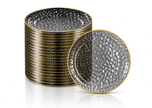 R-kay 100 Pack Black Plastic Plates - 6 Inch Hammered Gold Rimmed Sturdy, Durable And Extra Heavy duty Black And Gold Plastic Dessert Plates Disposable - Appetizer Plates Disposable For All Occasions