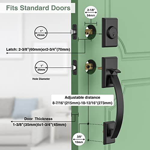 Image of Front Door Lock Set, Black Front Door Handle and Deadbolt Set Adjustable, 12.7in Heavy Exterior Entry Handle Reversible