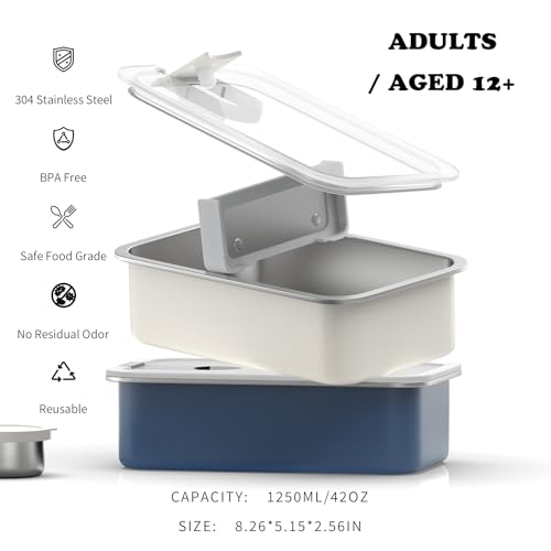Image of Bakpoco Stainless Steel Bento Lunch Box for Adult, 42oz Leak-Proof Lunch Box Containers, Microwave-Safe, with Adjustable Divider, Convenient Metal Lunchbox for Work, Travel