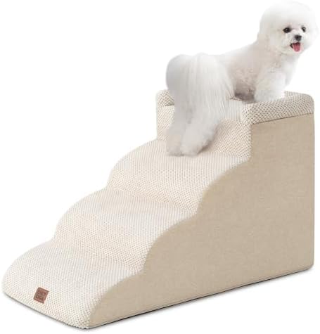 EHEYCIGA Hundetreppe für Kleine Hunde 45 cm Hoch, 4 Stufen, Beige | Rutschfeste Haustiertreppe für Sofa & Bett, Hochdichter Schaumstoff, Waschbarer Bezug, Gelenkschonend für Hunde