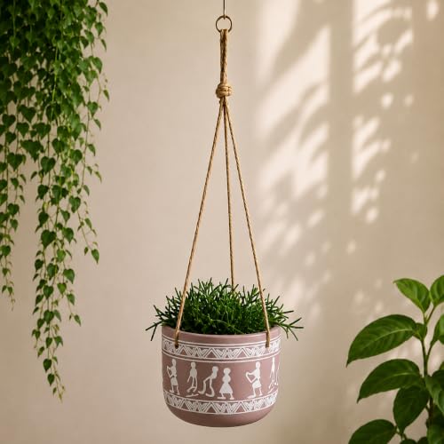 Image of Urban Upvan Tribal Art Design Printed Rose Hangingpot with Rope - Premium Decorative Planter for Indoor & Outdoor Plants, Modern Elegant Flower Pot for Home, Garden & Office