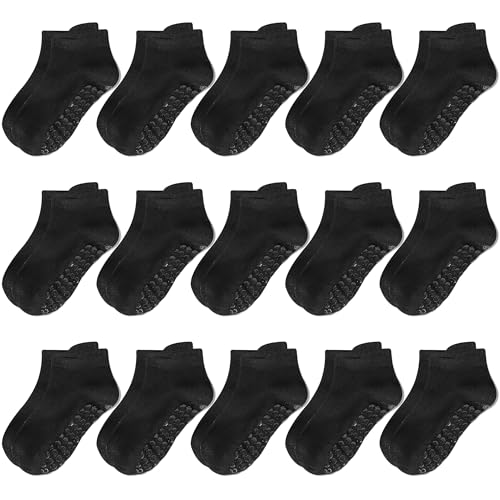 LIFPAU Todder Non Slip Socks, Kids Grip Ankle Socks, Anti Skid Sock 15 Pairs for Active Boys Girls Kids 3-5 Years(Black,3-5T)