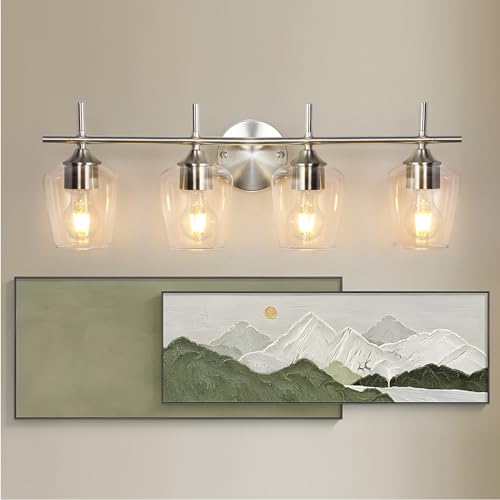 Image of foucasal Bathroom Light Fixtures 4-Light Brushed Nickel Bathroom Vanity Light with Clear Glass Shade, Modern Wall Lights for Bedroom Hallway Living Room (Nickel, 4-Light)